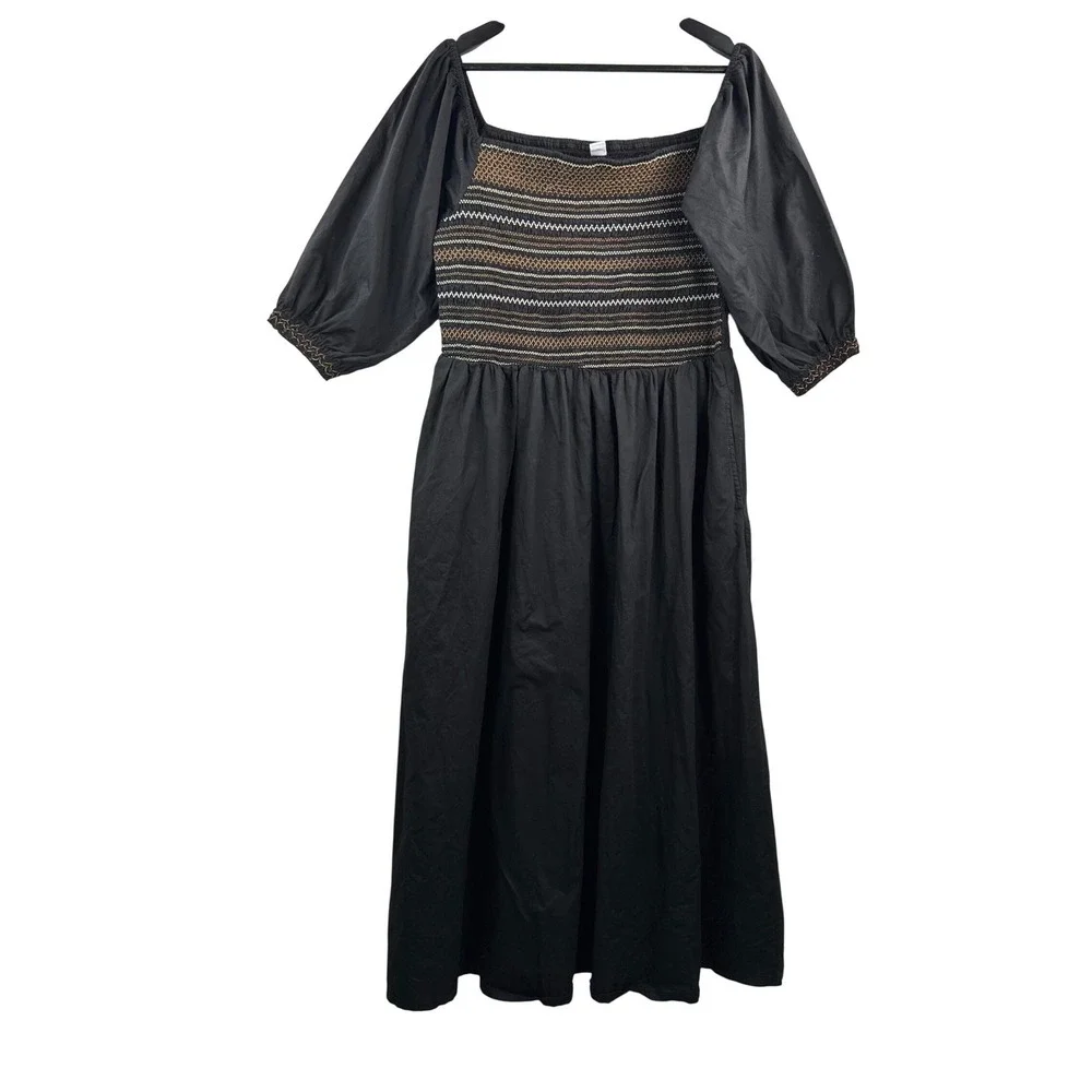 Old Navy Smocked embroidered Midi Dress sz XL Black cottage Embroidered‎ boho
